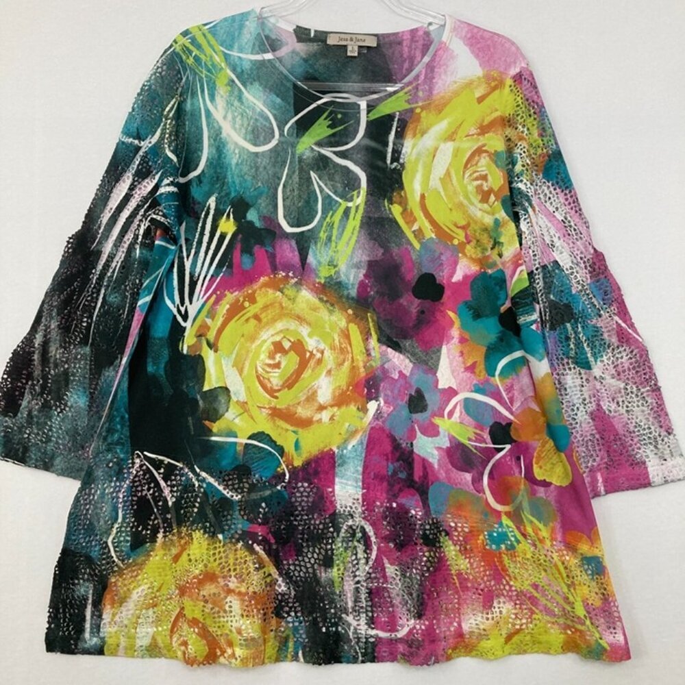 Jess &‎ Jane Large Colorful Floral Artsy Boho Mesh Detail Stretch Top Festival